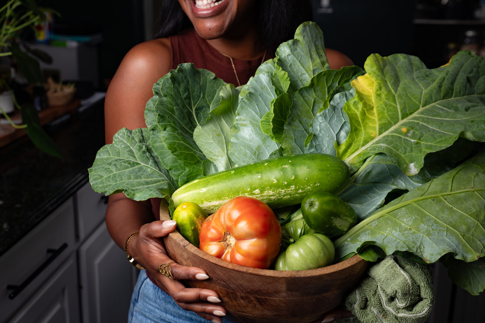 Laughing while gathering fresh vegetables