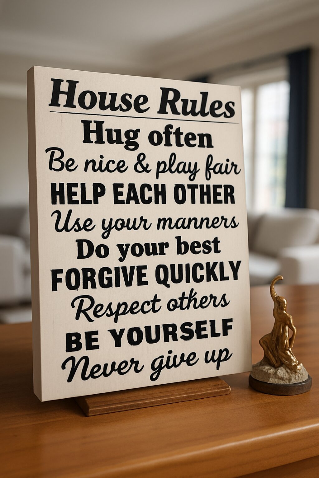 House Rules sign: hug often, be nice and play fair, help each other, use your manners, do your best, forgive quickly, respect others, be yourself, never give up