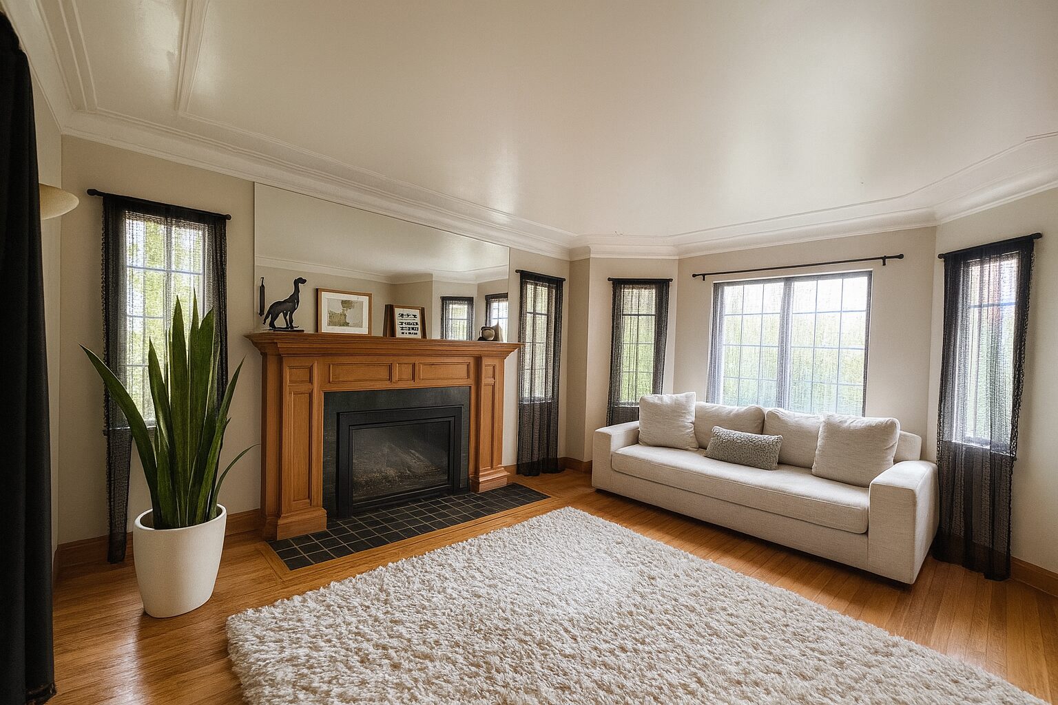 Living room with a wood-mantel fireplace